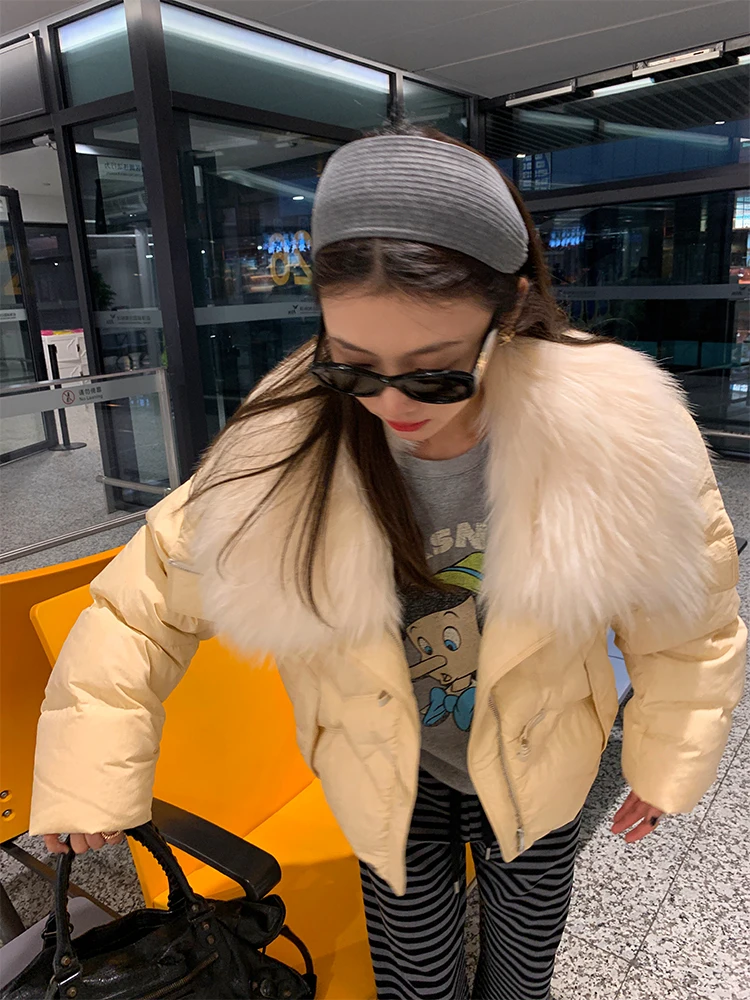 연노랑 여성용 숏 패딩 2024 신상 따뜻하고 포근한 한국 스타일 출퇴근 나일론 화이트 덕다운 충전재