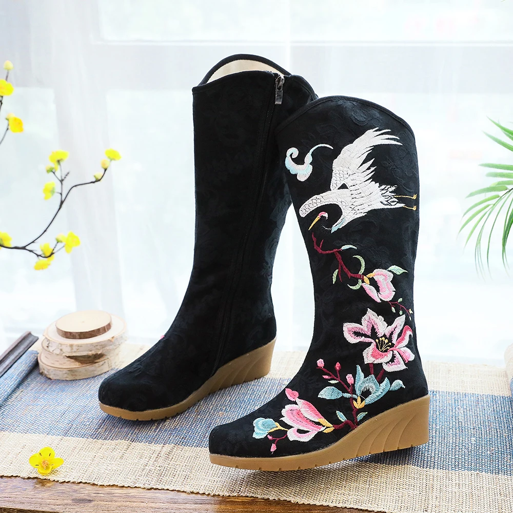 Veowalk Crane Embroidered Women Knee High Canvas Boots Mid Wedge Heel Ladies Comfort Loose Boots Embroidery Shoes Black