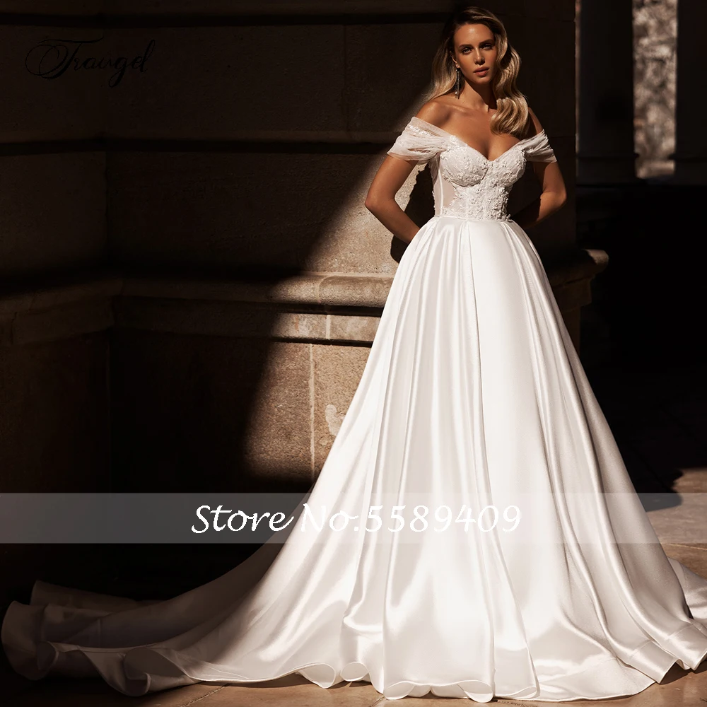 Traugel Sexy Illusion Sweetheart Flowers Satin Wedding Dresses Delicate Appliques Beaded Court Train A Line Bridal Gown