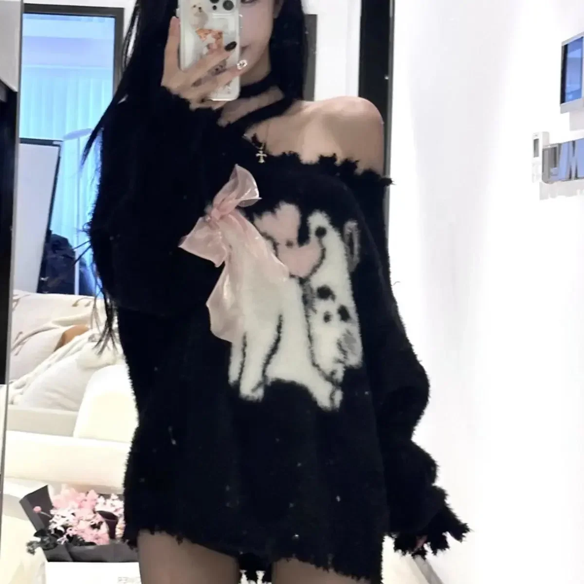 2024 Autumn Black Knitted Sweater Women Casual Loose Outwear Korean Fashion Pullover Office Lady Kawaii Clothing Elegant Tops