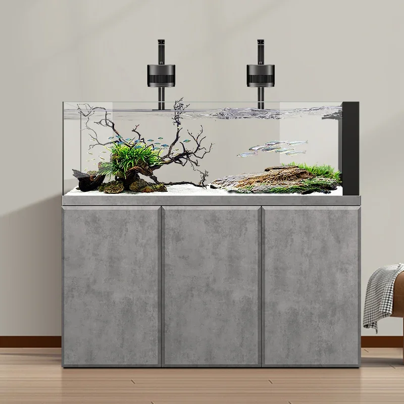 Household Floor-to-Ceiling Ultra-White Glass Native Stream Tank - Living Room Ecological Aquarium with Bottom Filter