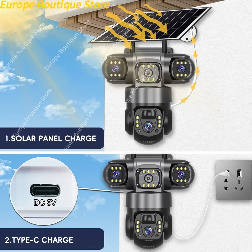 Kamera solarna 4G 12MP 6K z 3 obiektywami, zewnętrzna, wodoodporna, z noktowizorem, dwukierunkowy interkom, kamery V380 PRO, śledzenie mobilne, kamera IP