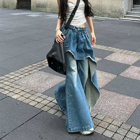 

Fake Two Pieces Of Jeans With Irregular Stitching Design Autumn New Loose Slim Flared Trousers With High Sense