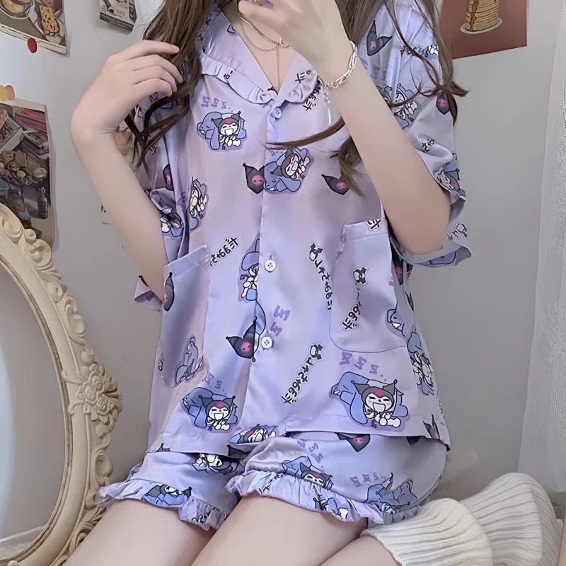 Sanrio Kuromi Hello Kitty Pajamas Women Nightgown Loose Cute Soft Girl Summer New Short Sleeved Sleepwear Home Clothe Sets Y2k