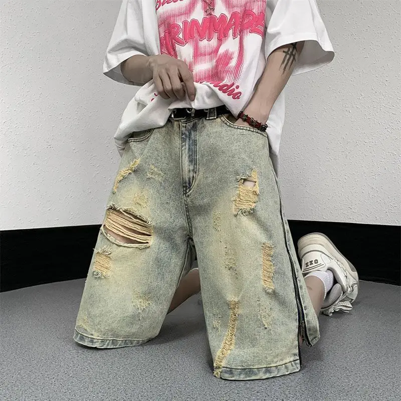 

Men's Denim Shorts Summer 2026 New Fashion Ripped Jean Shorts American Vintage Style Casual Drawstring Elastic Waist