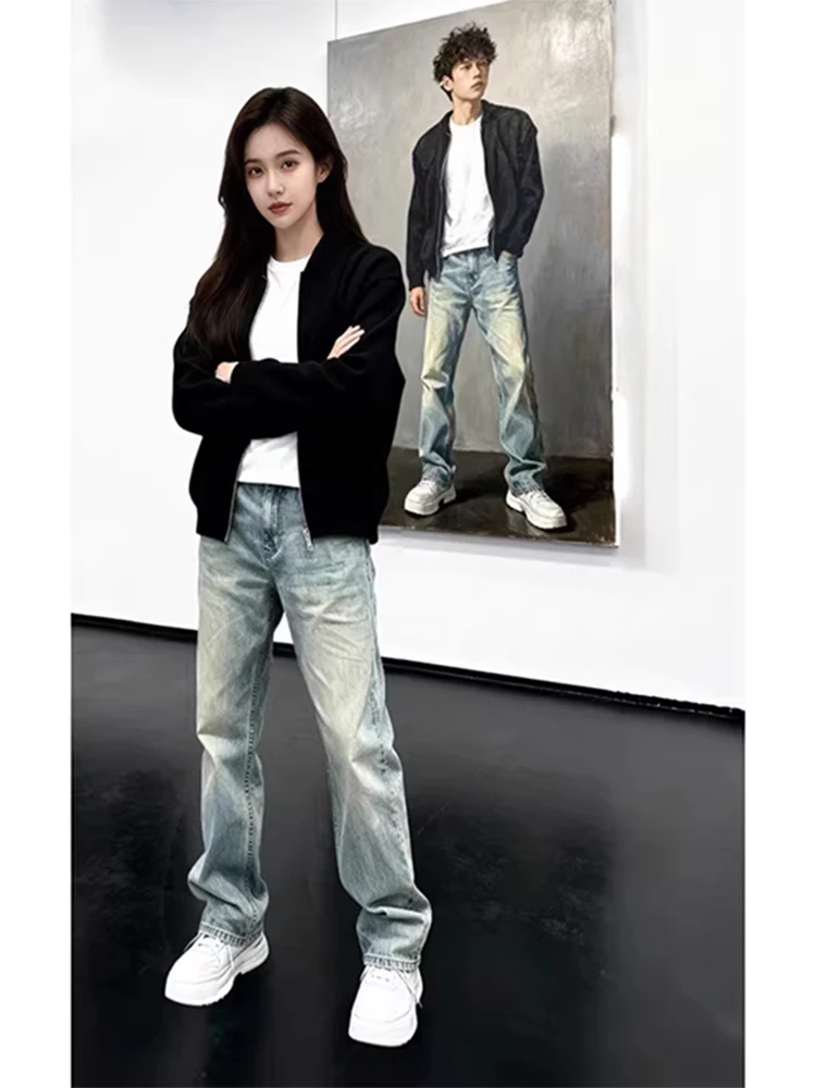 

Синие винтажные мужские джинсы CleanFit, расклешенные брюки в американском ретро-стиле, прямые брюки для молодежи на каждый день