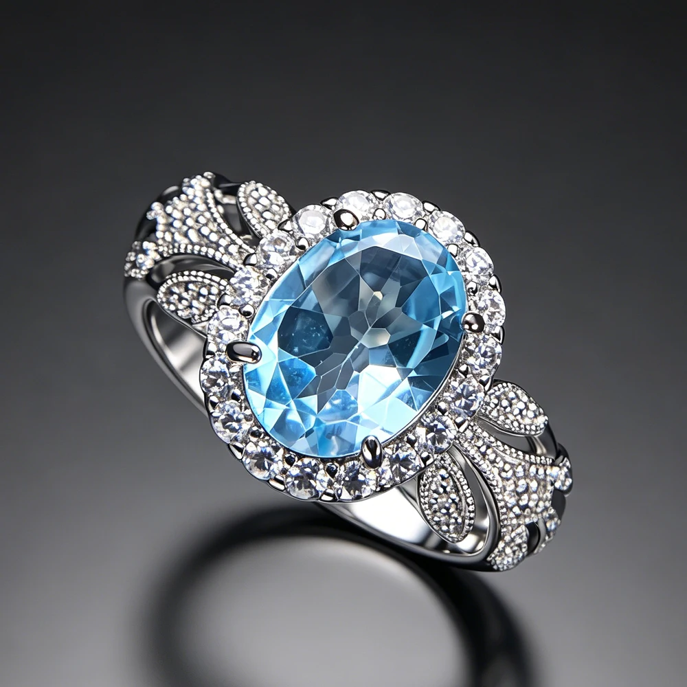 

Classical Real Natural Blue Topaz Adjustable Rings Gemstone Oval 7*9mm for Women Lady Party Wedding Fine Jewelry Gift