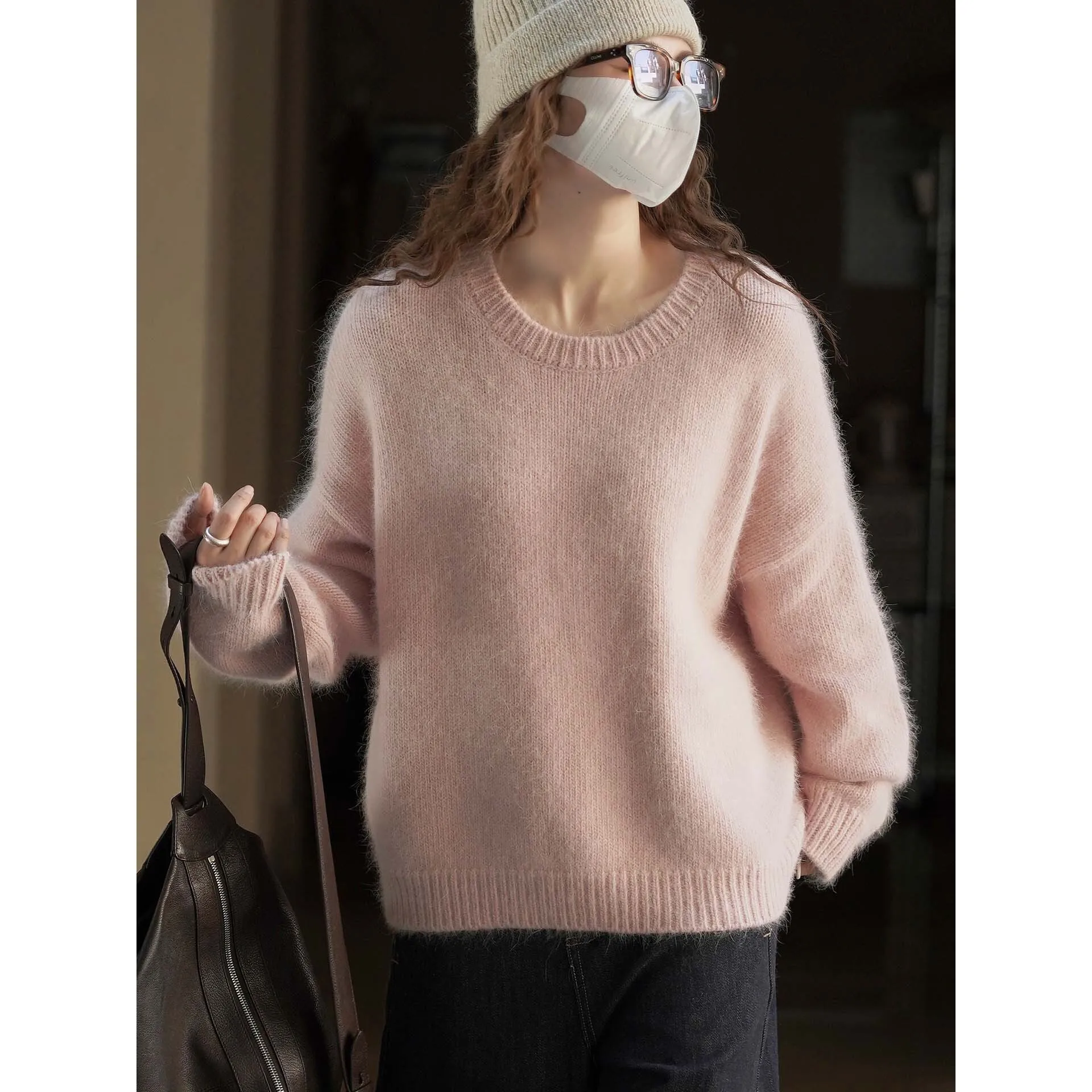 

Зимний короткий вязаный шерстяной свитер с круглым вырезом, свободный топ большого размера для женщин