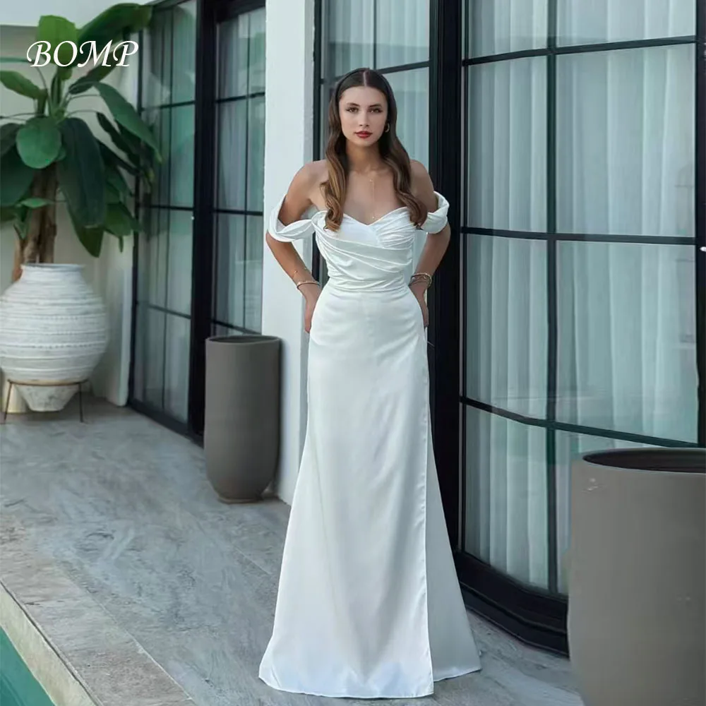 

BOMP Elegant White Evening Dress Off Shoulder Pleat A-Line Floor Length Satin Saudi Arabic Wedding Party Dresses Customized