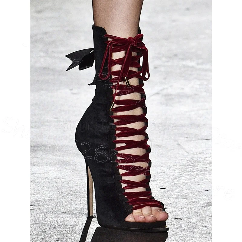 

Burgandy Corduroy Cross Tied Black Suede Sandals Boots Back Zipper Women Shoes Thin High Heels Dating 2026 Zapatos Para Mujere
