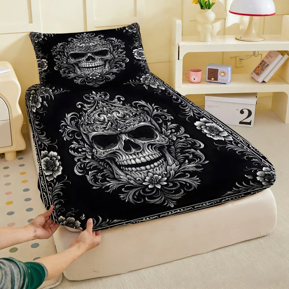 1pc Ornate Baroque Skull Print Fitted Sheet Deep Pocket Elastic Mattress Cover Single Double Queen King Bedroom Decor