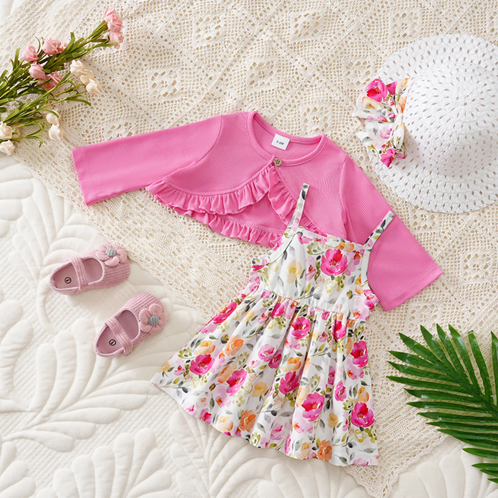 幼児女の赤ちゃん春秋甘い花柄プリントドレス長袖リブカーディガンシュラッグコート子供服衣装