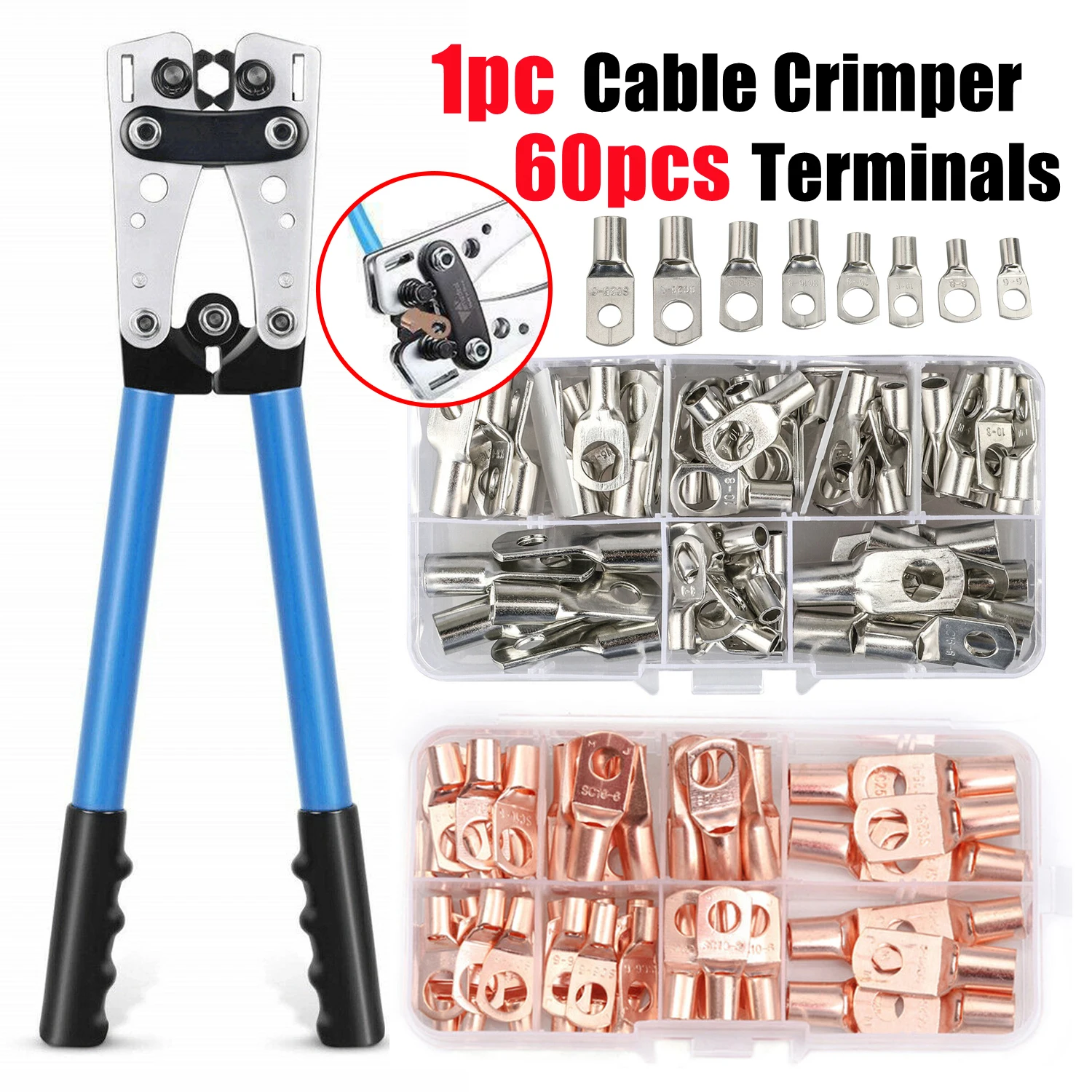 60pcs Copper Ring SC Terminal Wire Crimp Connector Or 1pc HX-50B Crimper Plier 6-50mm Crimping Tool Bare Cable Battery Terminals