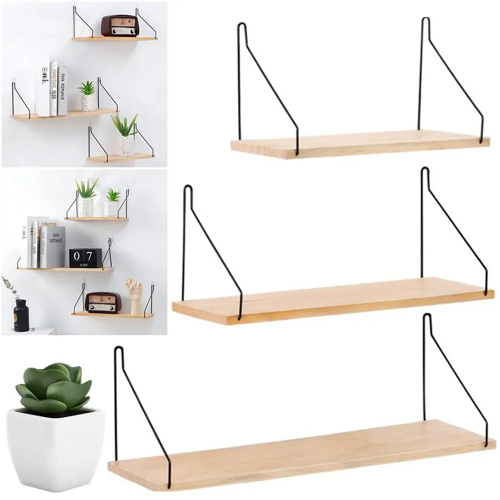 Floating Wall Shelf Decorative Wooden Storage Rack with Metal Brackets Modern Wall Shelf Multifunction for Kitchen Living Room