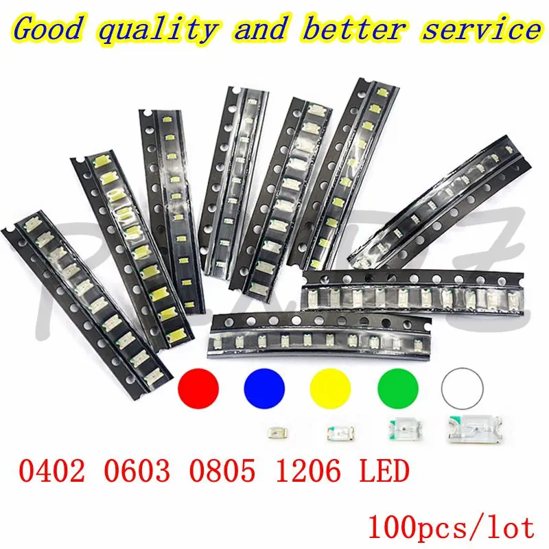 100pcs 0402 0603 0805 1206 SMD LED Red Yellow Green White Blue  Light Emitting Diode Good Quality