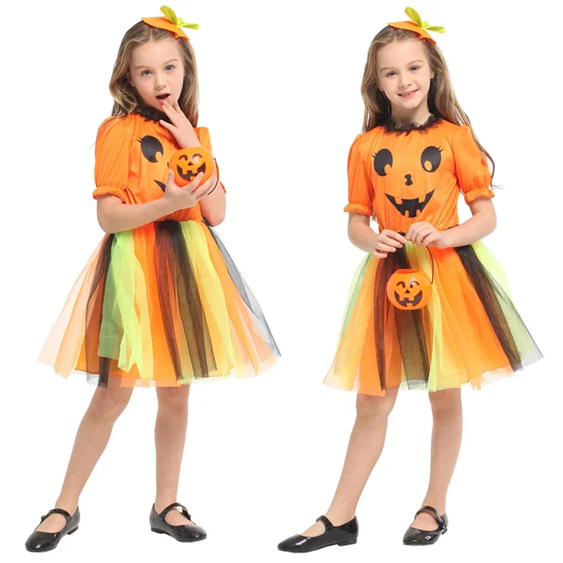Mn1 meninas halloween abóbora cosplay trajes de bruxa vestido com headwear truque ou tratamento festa vestir-se crianças roupas extravagantes 8/yg