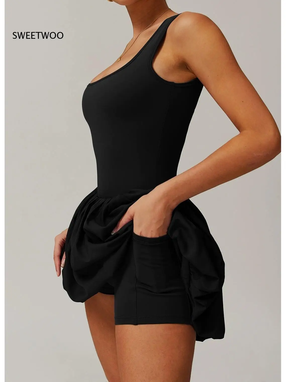 Sleeveless Square Back Bubble Skirt Dress Gathered Waist Design Inner Anti-Chafing Shorts Sport Daily Outfit