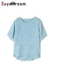 SuyaDream-blusas de seda 91% para mujer, camisas estampadas con mangas acampanadas y cuello redondo, 9% Spandex, Primavera, novedad de 2022