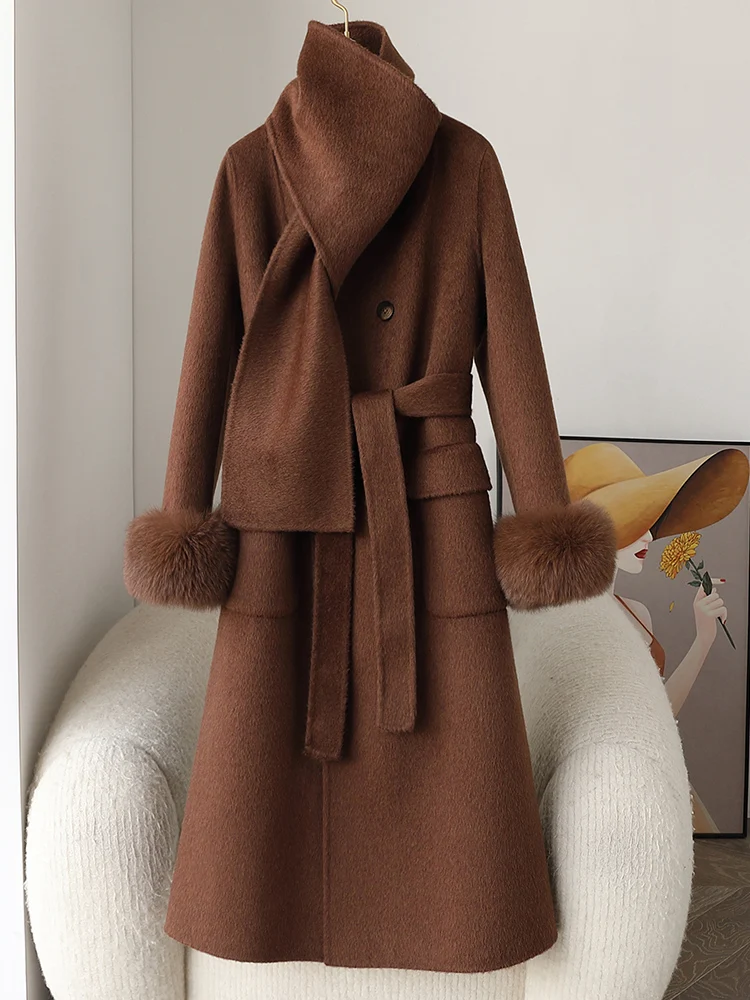 Veste d'hiver en laine de cachemire pour femme, manteau de manchette en fourrure de renard naturel véritable, vêtements d'extérieur pour femme, veste de luxe pour femme, nouveau