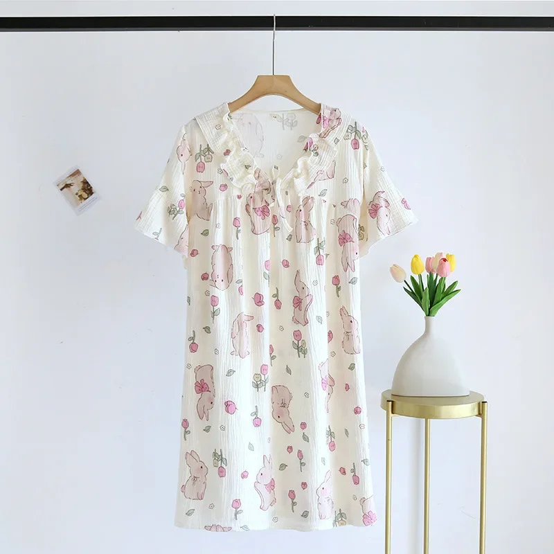

Women's Sleeping Dress Cotton Clothes for Spring and Summer Short Sleeved Mid-long Thin Homewear Sleep Dress