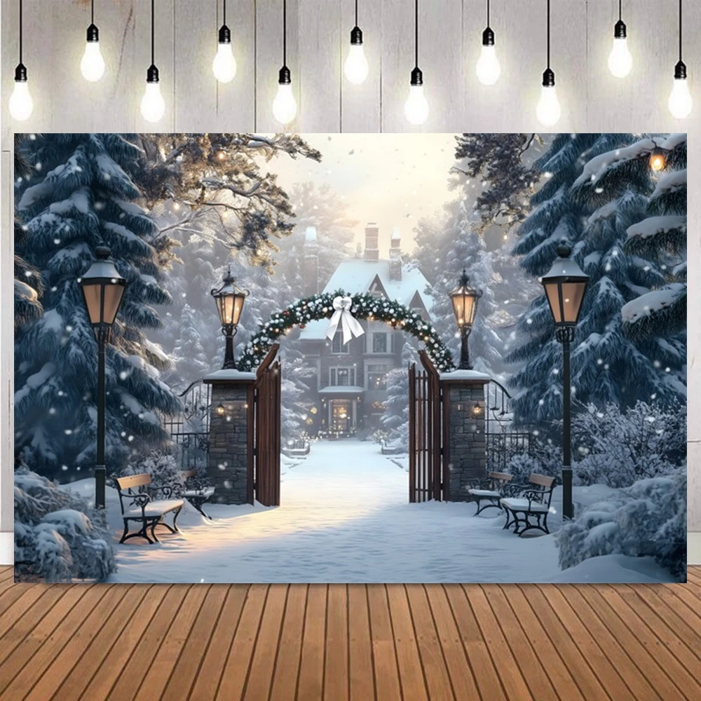 

Winter Dreamy Christmas Photo Backdrops Xmas Tree Arch Wreath Snowy Holiday Party Portrait Decor Photography Background Prop