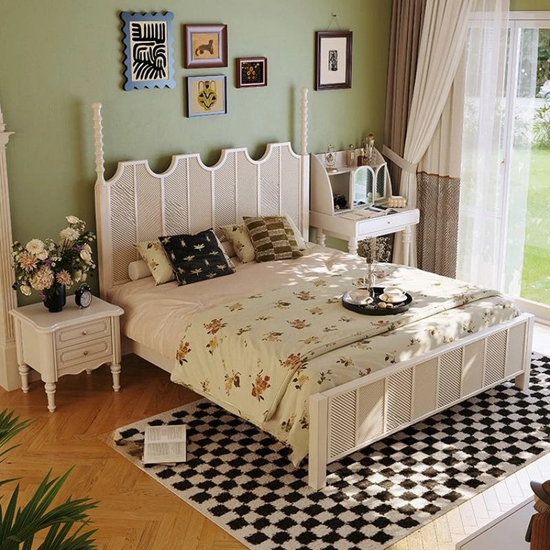 سرير أمريكي من الخشب الصلب خفيف سرير زفاف فرنسي منحوت عتيق عتيق 1.8 متر غرفة نوم رئيسية مزدوجة #5