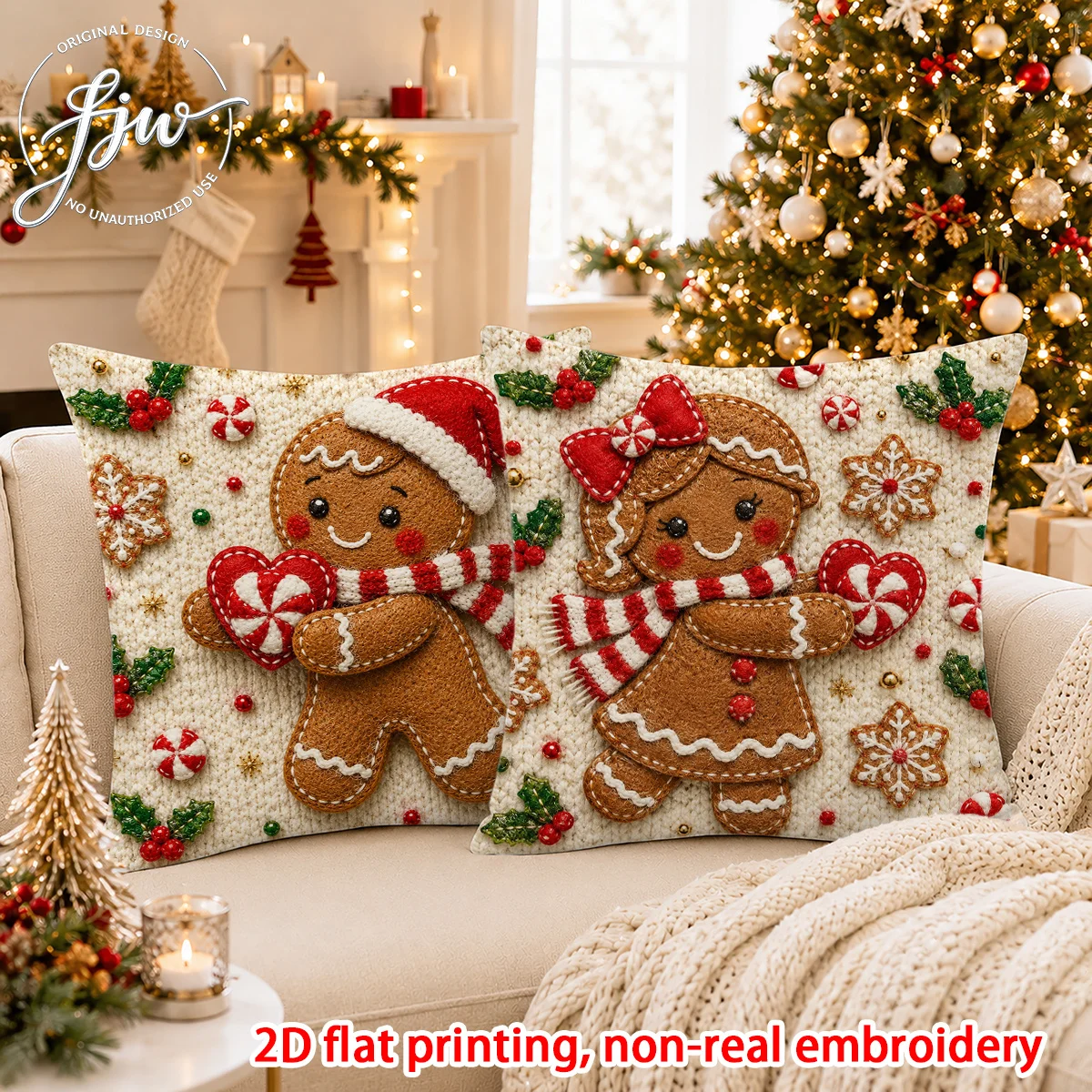 Christmas Gingerbread Couple Pillow Cover 1PC Double Sided Print 2D Flat Faux Embroidery Cushion Case Xmas Sofa Home Decor