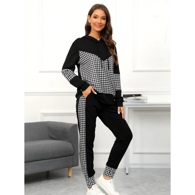 

European and American New Spring and Autumn Sports Casual Houndstooth Patchwork Fashion Hoodie and Pants Two-Piece Set