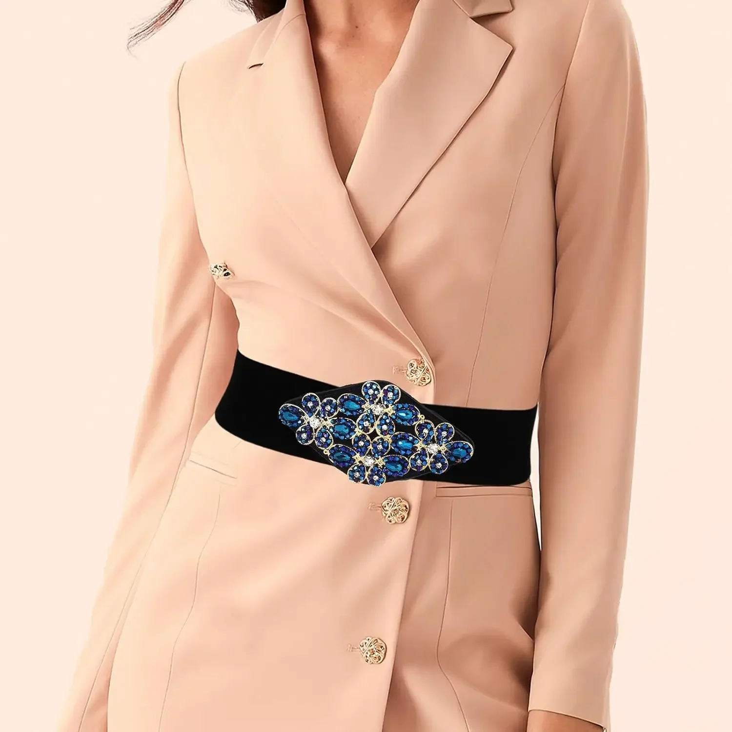 Cintura elasticizzata con strass Cintura larga nera da donna Cinture blu Accessori elastici per gioielli in vita con fiori per il vestito