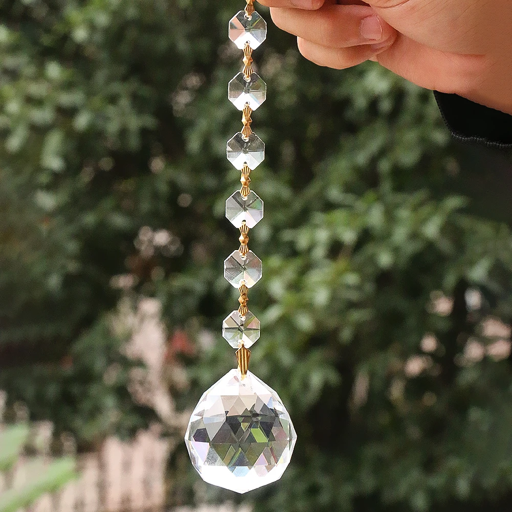 Handmade Braided Connector Clear Octagonal Beads Crystal Ball Pendant Faceted Prism Shiny Sun Catcher Yard Garden Hanging Decor