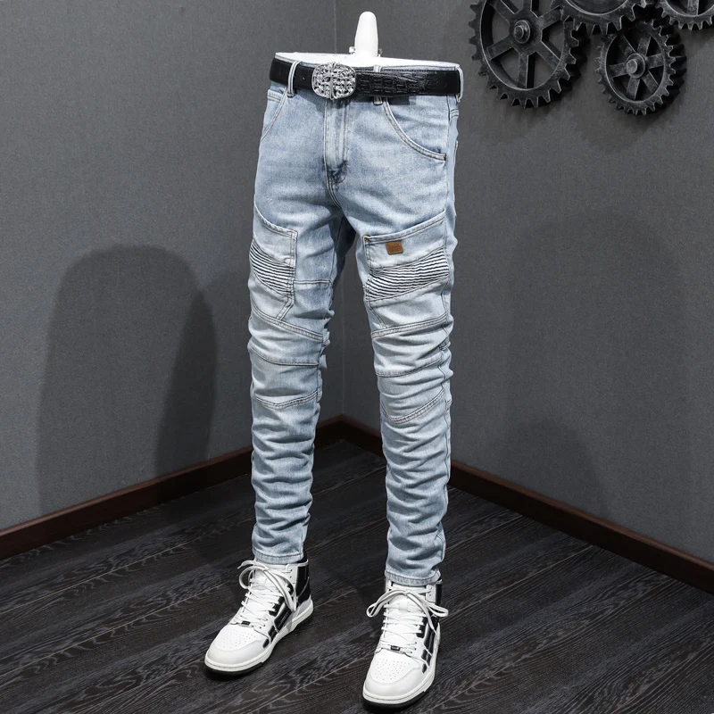 Italian designer fashion new blue jeans with multiple pockets, slim fit, elastic zipper decoration splicing, motorcycle denim pa