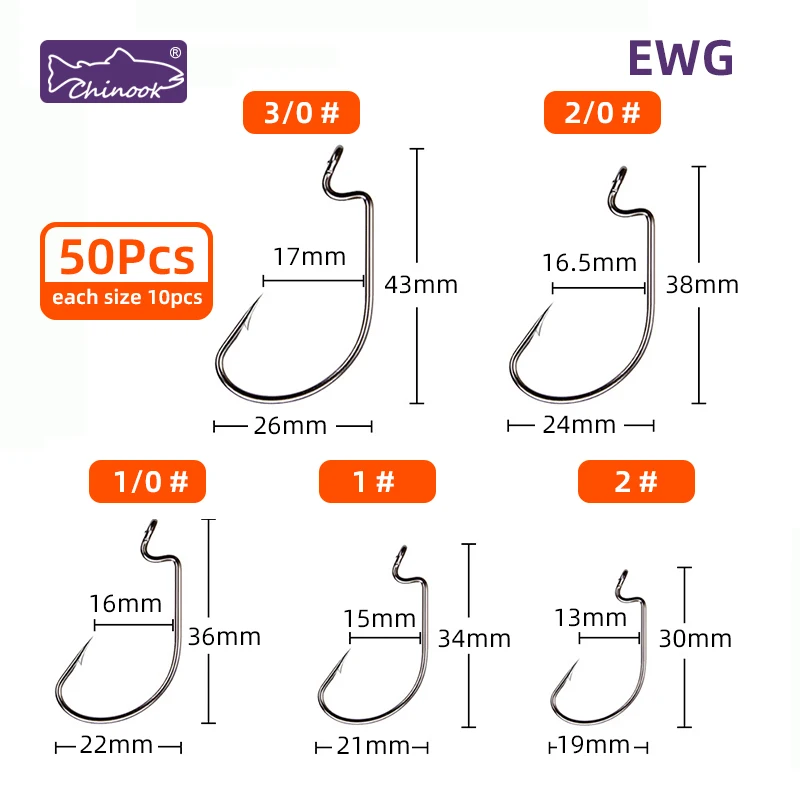 Chinook 50pcsWide worm Texan hook texas hook Offset Fishing hook Bass Barbed Carp FishingHook drop shot hook wacky hook Jig Hook
