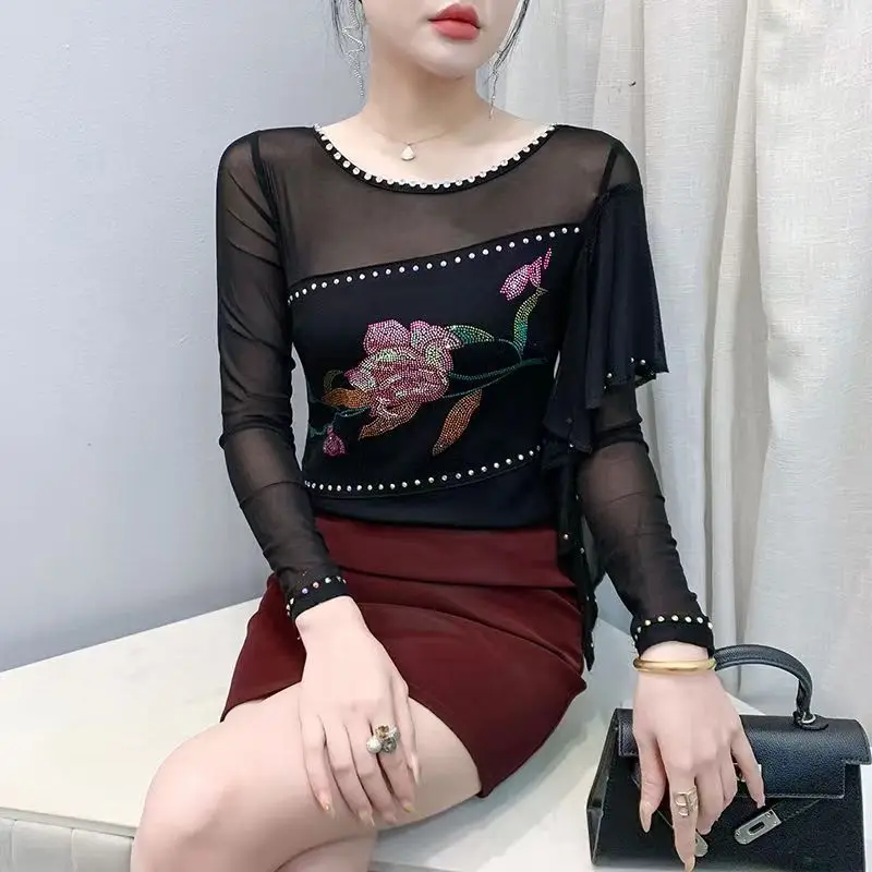 

Новая осенняя одежда, сексуальная сетчатая футболка для женщин, топ с длинными рукавами в европейском стиле, тонкая и тонкая танцевальная базовая рубашка