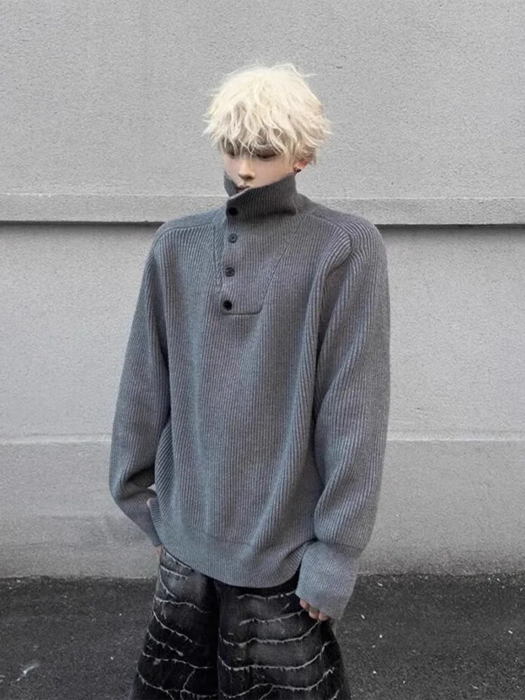 

Корейский мужской вязаный свитер с высоким воротником, осенне-зимний, мягкой текстуры, свободного кроя, с длинными рукавами, повседневный, премиум-класса