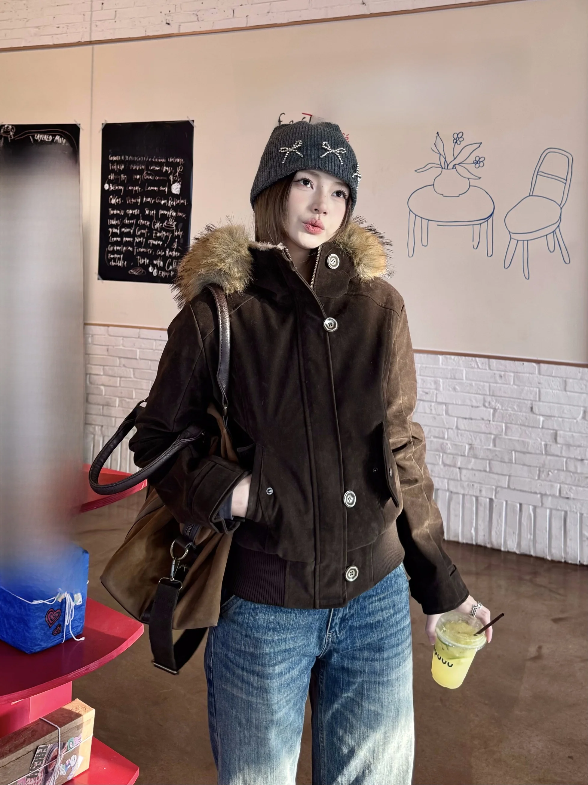 

XFX American Retro Loose Cotton Suede Warm Coat Women's Autumn Winter Hooded Fur Collar Removable Trendy Street Sle Thien...