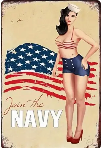 NAVY MILITARY METAL TIN SIGN SEXY PIN UP GIRL AMERICAN FLAG JOIN THE NAVY -DECOR sign
