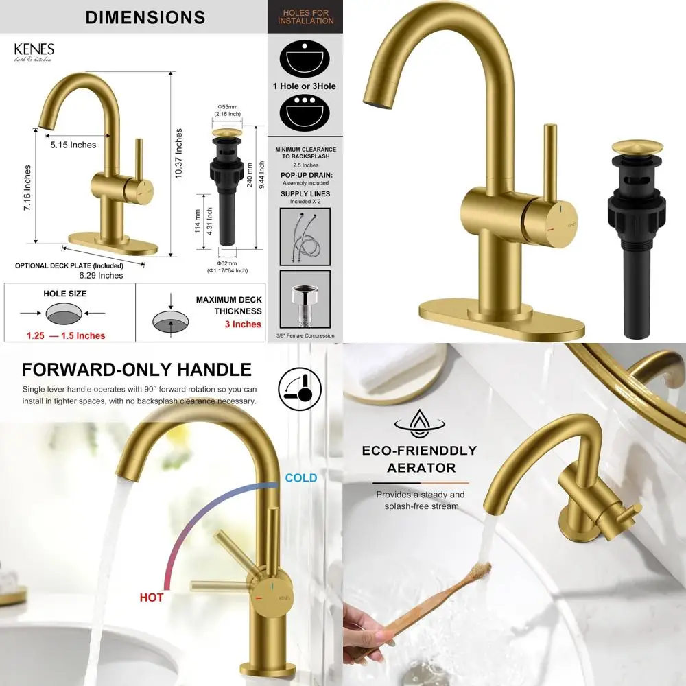 

Gold Single Handle Bathroom Faucet with Drain Assembly and Deck Plate for Wet Bar Sink, RV Camper, and Outdoor Utility, Model KE