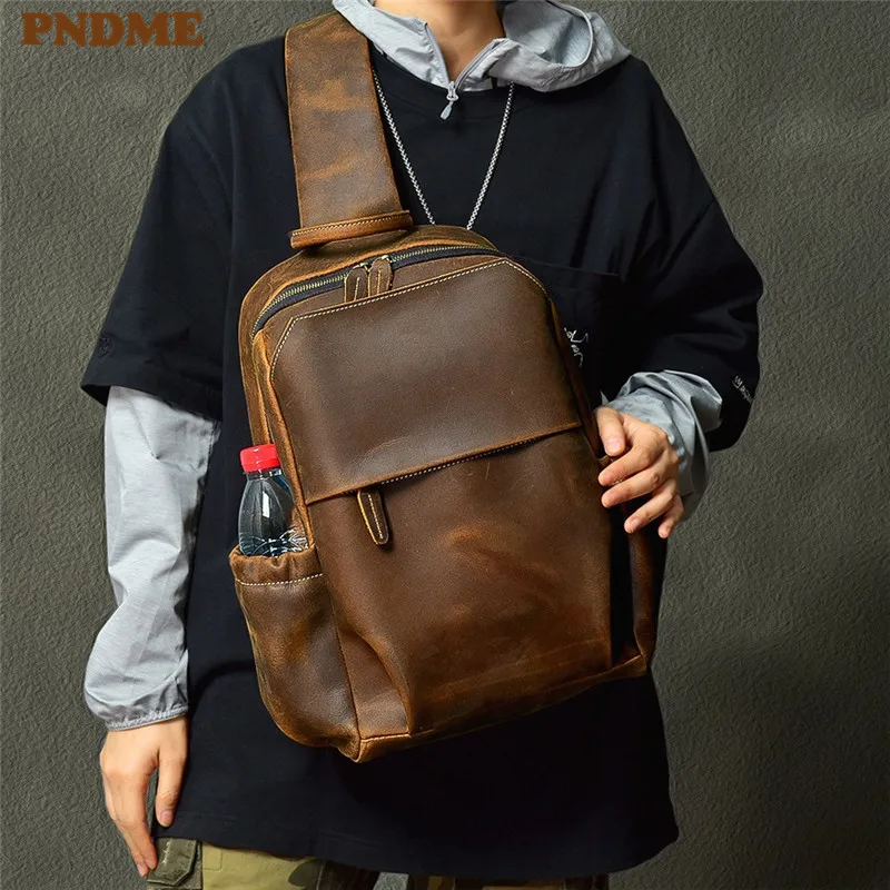 Vintage Genuine Leather Large Capacity Men's Chest Bag Design Natural Crazy Horse Cowhide Shoulder Bag Locomotive Messenger Bag