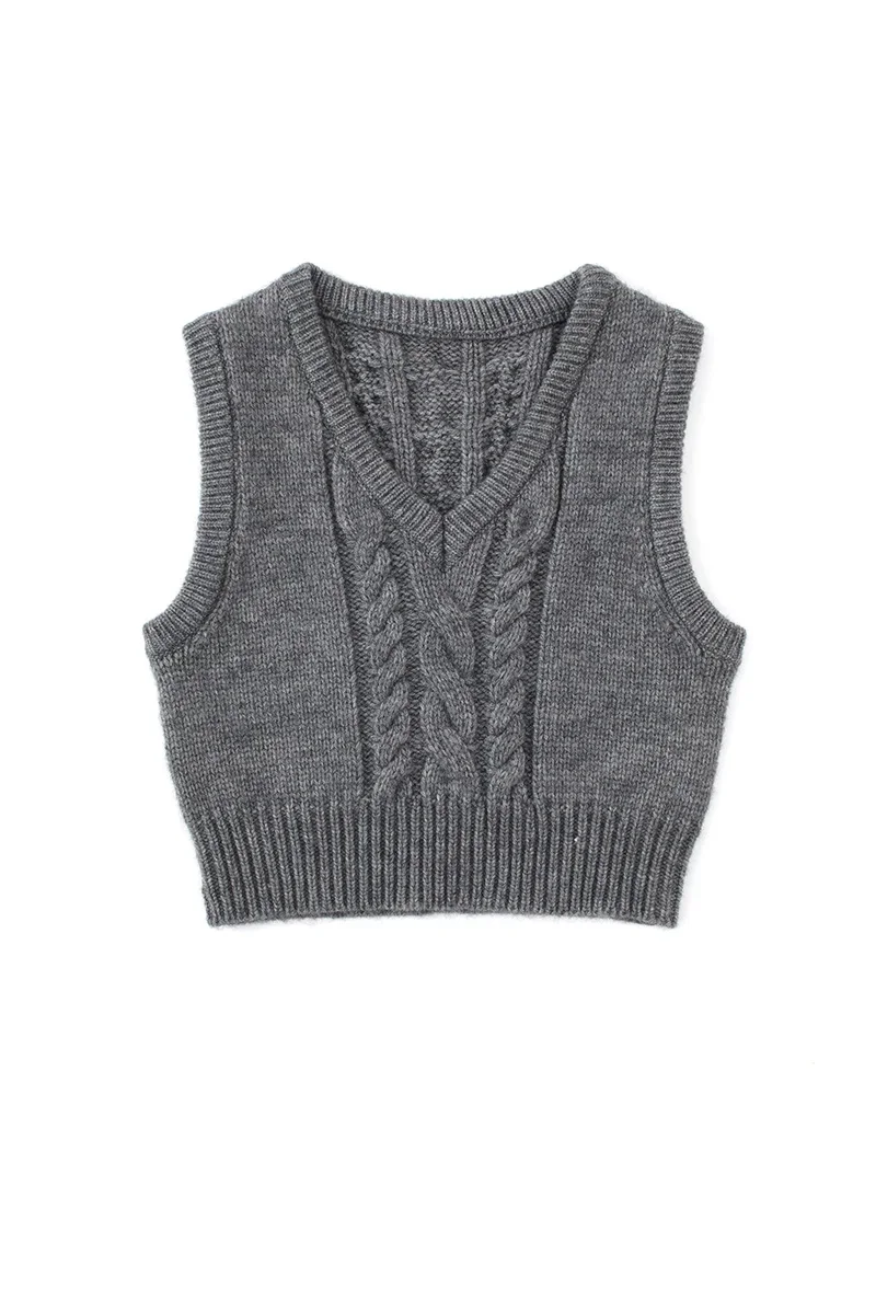 OOTD Grey V-Neck Knitted Vest Vintage Stylish Pullover Twist White Black Youthful PB&ZA Woman Female