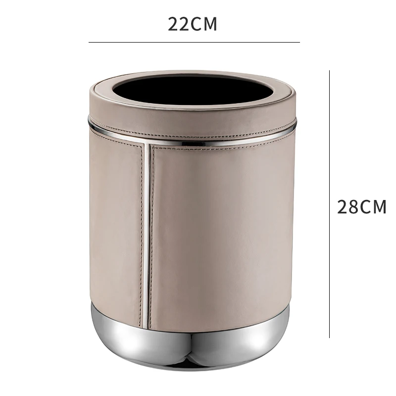 Light Luxury Stainless Steel Leather Household Bins Living Room Office Home Hotel Ornaments Cylinder High Value Prullenbak