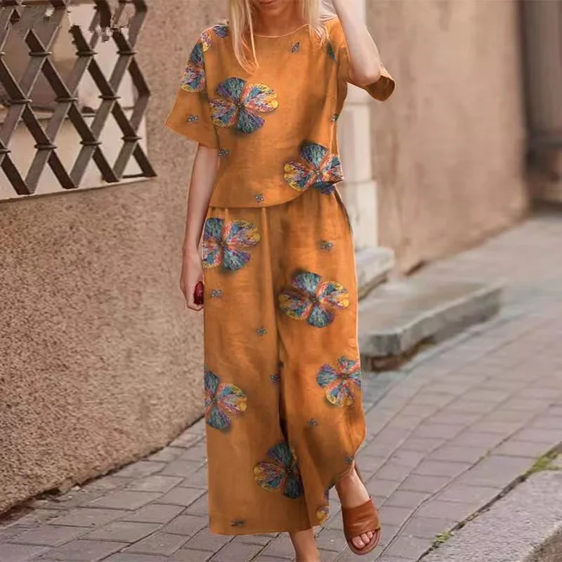 

2026 New Fashionable Printed Shirt+wide Leg Pants Two-piece Sets Women's Summer Casual Loose Top And Pants Set For Women