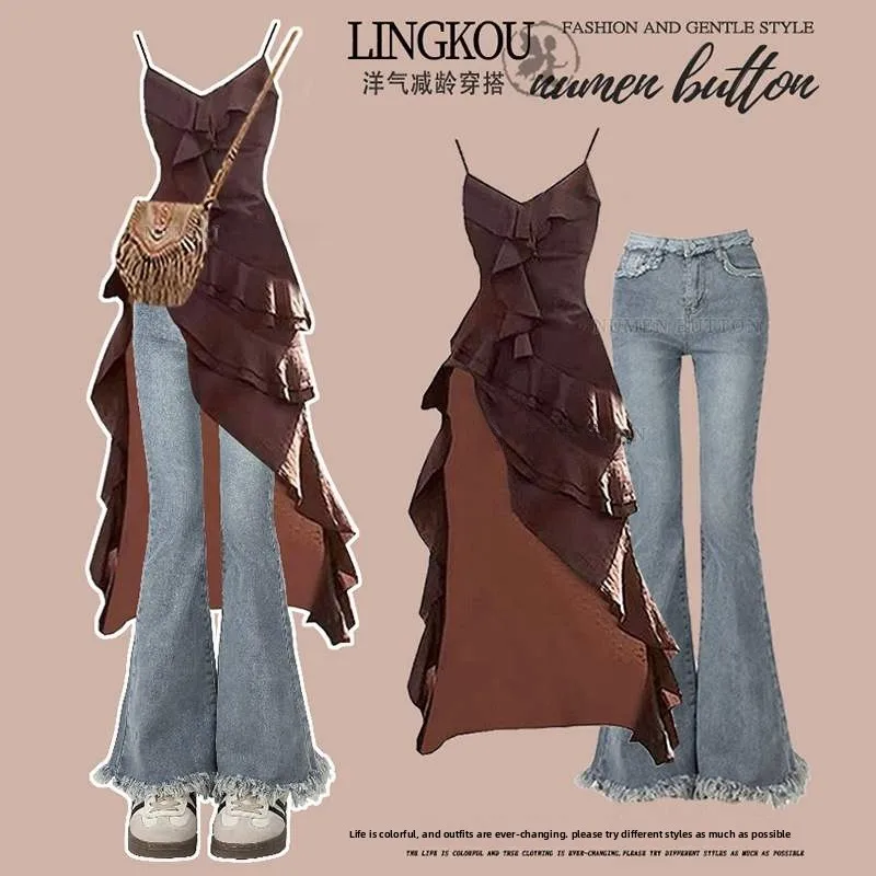 Retro Plus Size Jesienny Zestaw Denimowy Damski Elegancja Wysoki Stan Wyszczuplające Spodnie Micro Flare Dwuczęściowy Zestaw Spódnica Midi na Ramiączkach