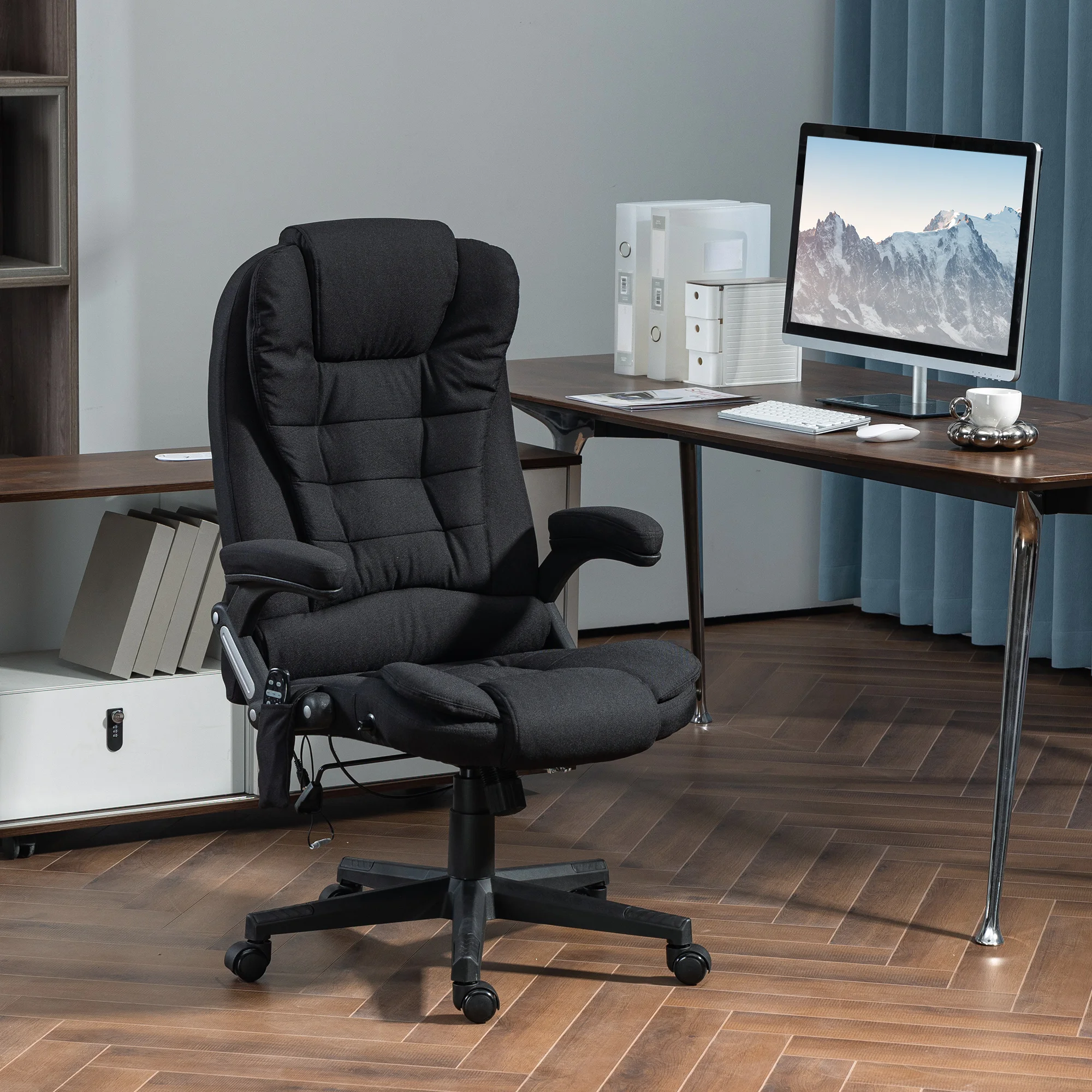 6 Point Vibrating Massage Office Chair with Heat, Linen High Back Massage Desk Chair with Reclining Backrest, Black