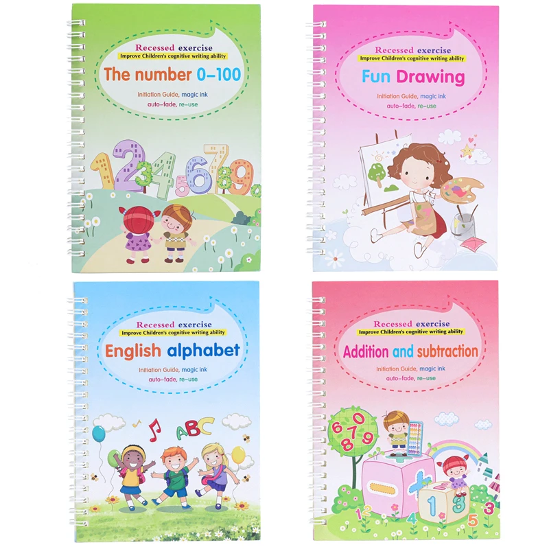 4 Books English Copybook Pen Magic Copy Book Auto Disappear Ink Children Writing Sticker Practice for Kids Enlightenment Gift