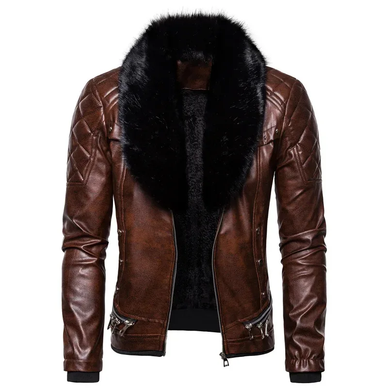 

DY202024 Autumn And Winter New Fashionable Solid Color Button Zipper Splicing European Size Fur Collar Men's Leather Jacket Leat
