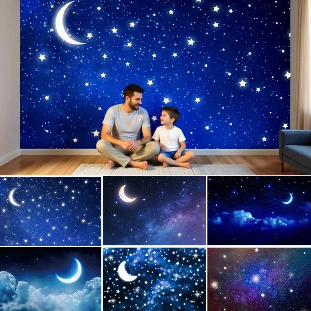 Night Starry Sky Backdrop Stars Moon Birthday Party Interior Room Wall Decor Photography Background Banner Photo Studio Props