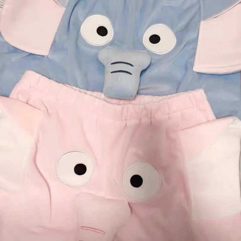 Pijama corto con orejas 3D para parejas, ropa de dormir de felpa, informal, holgada, con dibujos de elefante encantador, con botones, para el hogar