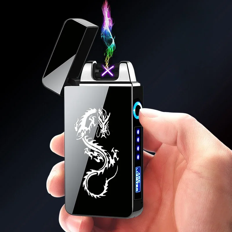 Metal Pulse Double Electric Arc Lighter, Windproof, LED Battery Display, USB Rechargeable, Cigarette Accessories, Outdoor