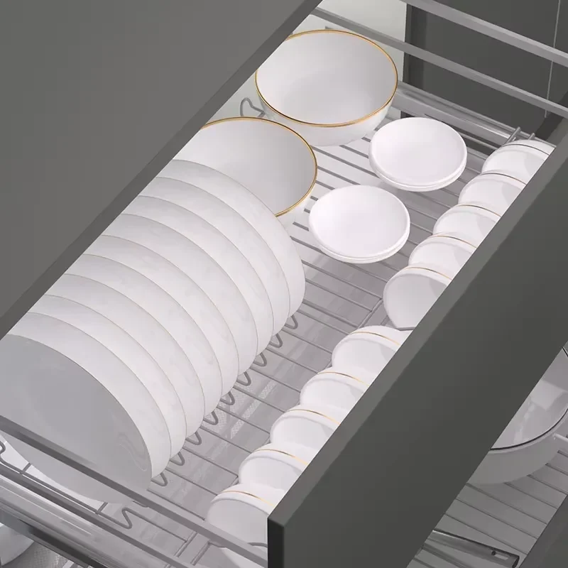 Customized modern kitchen storage rack double-layer carbon steel three-sided drawer for easy installation of bowls and