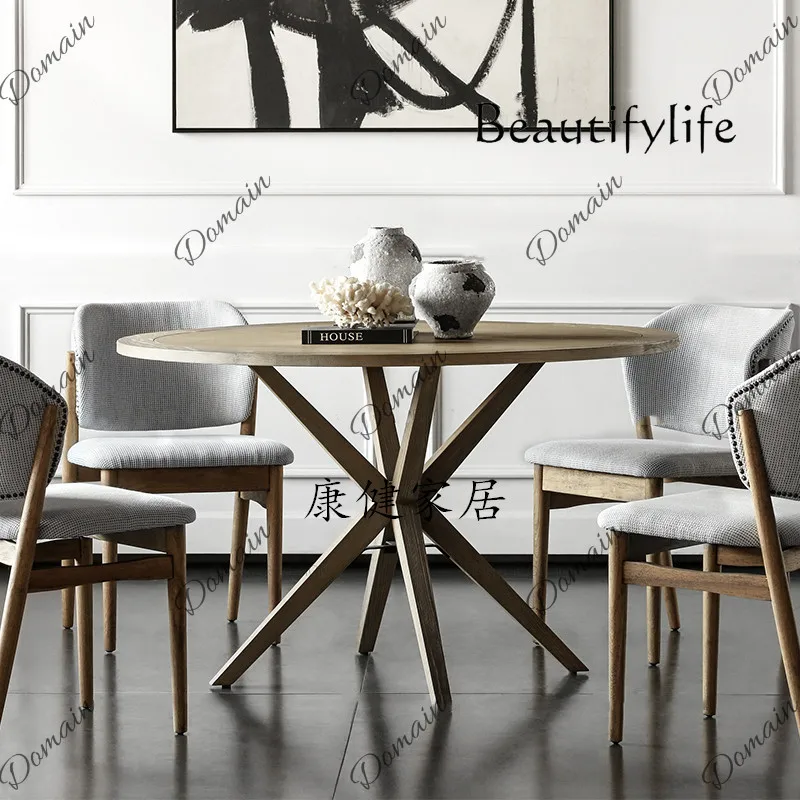 35 N Round dining table French country retro living room home dining table European solid wood office negotiation round table